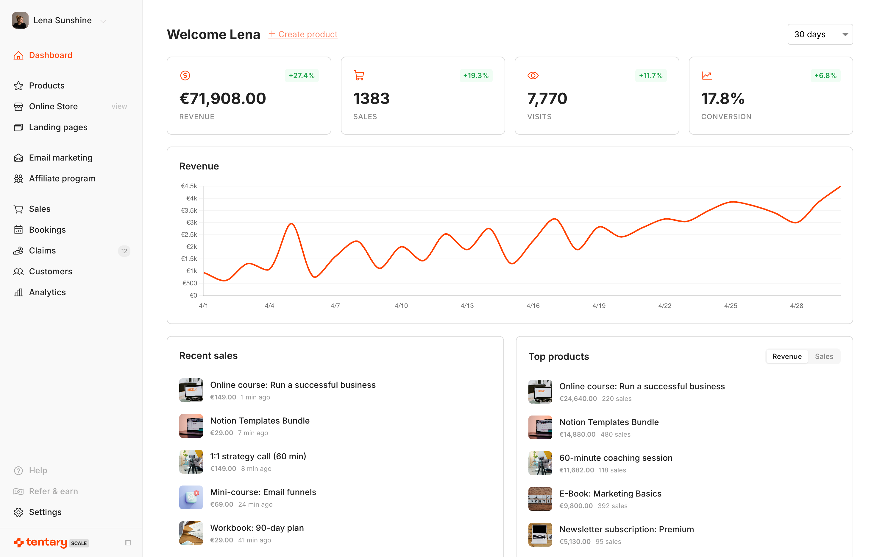Tentary dashboard with revenue and stats
